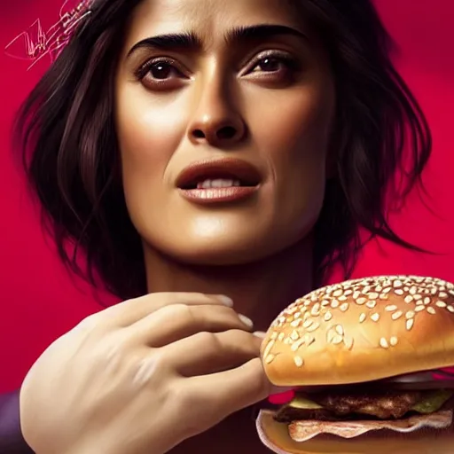 Image similar to portrait of Salma Hayek licking hamburger, extra onions and ketchup, luscious patty with sesame seeds, feminine ethereal, subsurface scattering skin, handsome, D&D, fantasy, intricate, elegant, highly detailed, digital painting, artstation, concept art, matte, sharp focus, illustration, octane render, arnold ai render, art by Artgerm and Greg Rutkowski and Alphonse Mucha