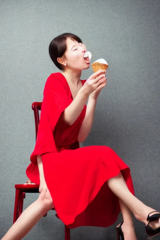 Image similar to photo, young woman eating ice cream, sitting on a chair, red dress, high heels, japanese kimono