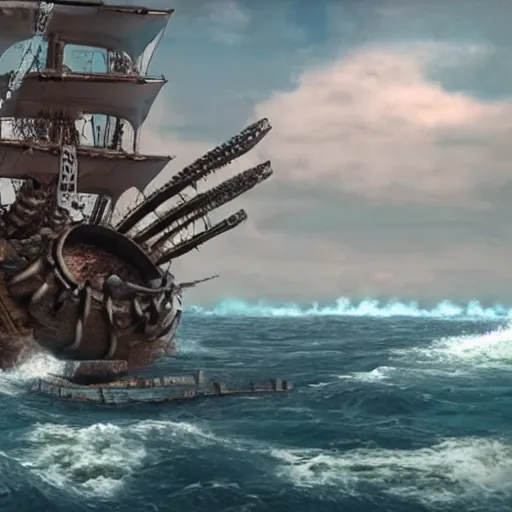 Image similar to kraken destroying a large galleon, ocean, photo realistic