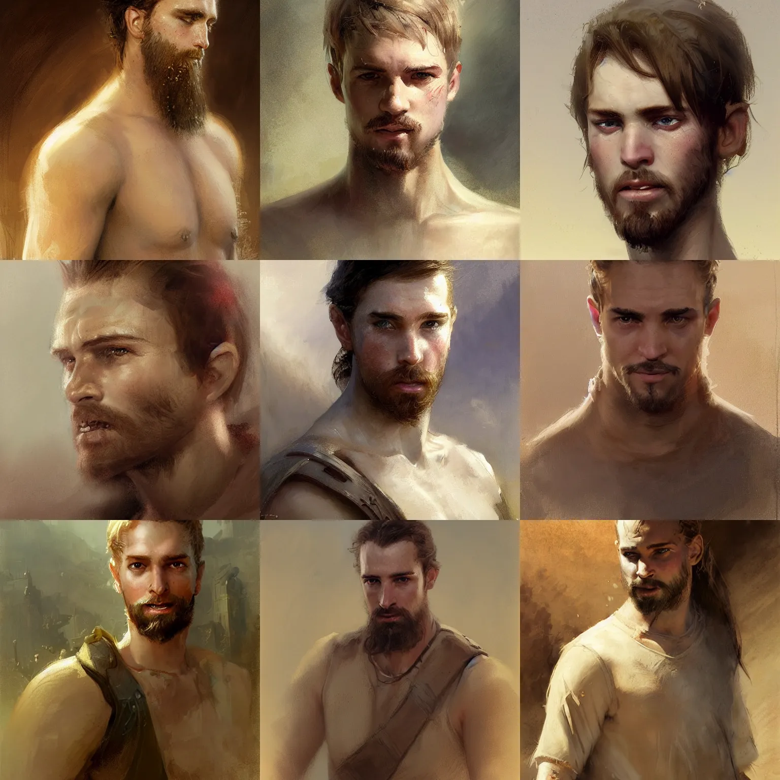 Prompt: young english stable hand with short sand - colored hair and a thin beard, big forehead, innocent face, athletic, fantasy character portrait by greg rutkowski, gaston bussiere, craig mullins