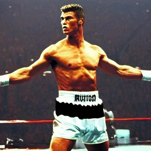 Image similar to movie still of cristiano ronaldo as ivan drago in rocky 4, fighting, cinematic,