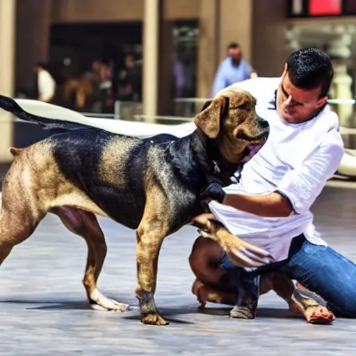 Prompt: dog fighting a man in Dubai mall