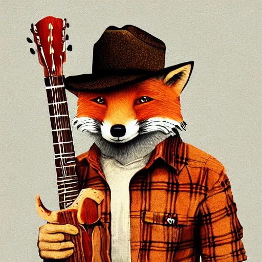 Image similar to a fox animal, wearing cowboy hat, wearing plaid shirt, playing guitar, in barn, album cover style, artstation