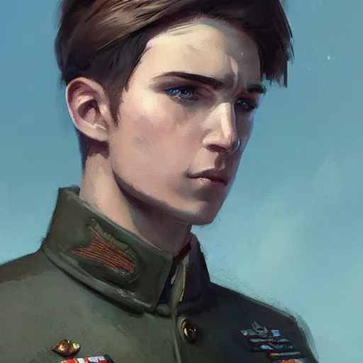 Prompt: Young man with brown hair and blue eyes, wearing a military uniform, by Greg Rutkowski, 9x16 aspect ratio, trending on artstation