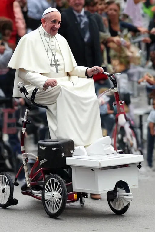 Image similar to the pope riding a childs tricycle