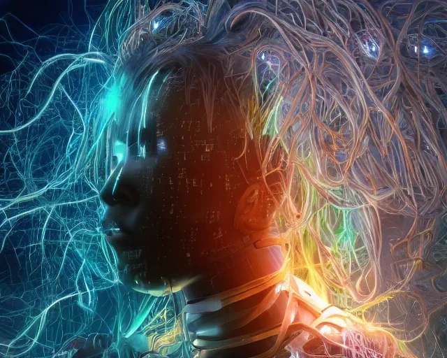 Image similar to glowing hair, complex cybernetic beings, beautiful hairy humanoids, cybergods, cybermagnetosphere, cybernetic civilizations, ornate hair, love, joy, vortexes, large arrays, data holograms, 8 k, cinematic light shadows, wet hdr refractions