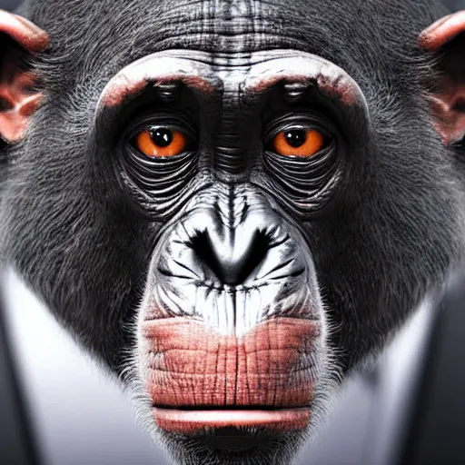 Image similar to a high detail closeup photograph of a chimpanze wearing a suit 👔, award wining photograph, digital art