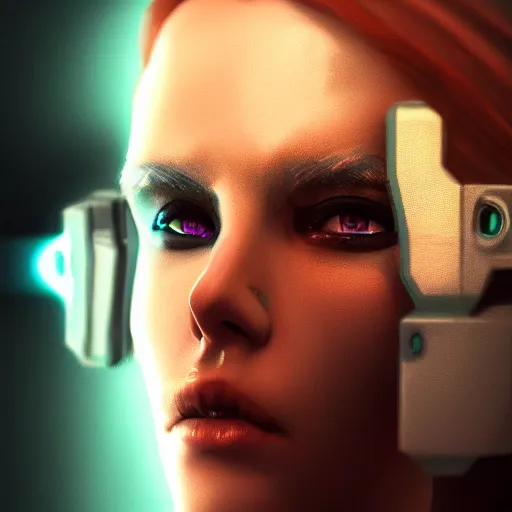 Prompt: a expressive portrait photograph of cyberpunk woman with eye implants in dramatic lighting, depth of field background, artstation, concept art, realism masterpiece