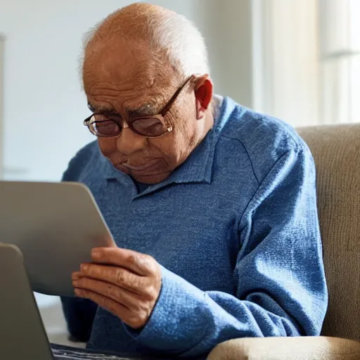 Image similar to elderly man sitting in a casket browsing internet on laptop from a casket casket