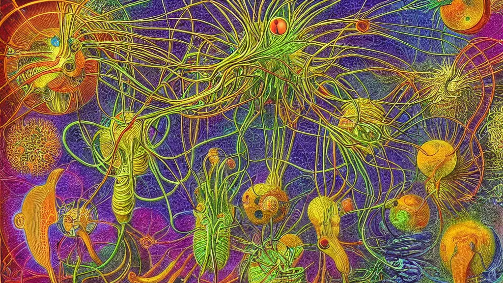 Prompt: quantum connections represented as symbiotic organisms like cells playing around with colorful lights by ernst haeckel, magnetic, chewy