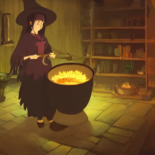 Image similar to a witch adding ingredients to her cauldron, concept art, ambient lighting lit only by the fires glow, studio Ghibli