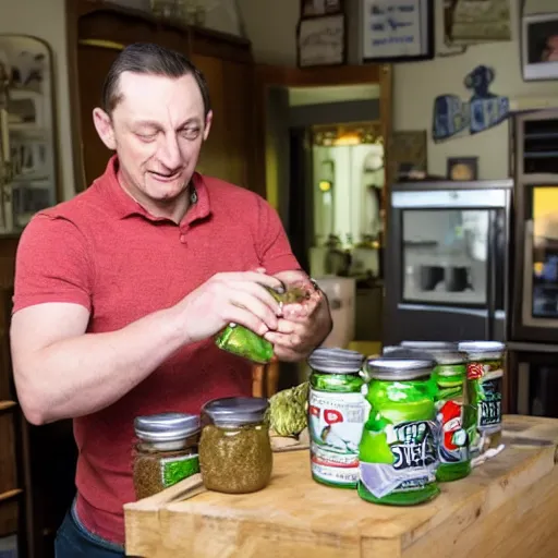 Prompt: Tim Robinson struggling to open a jar of pickles