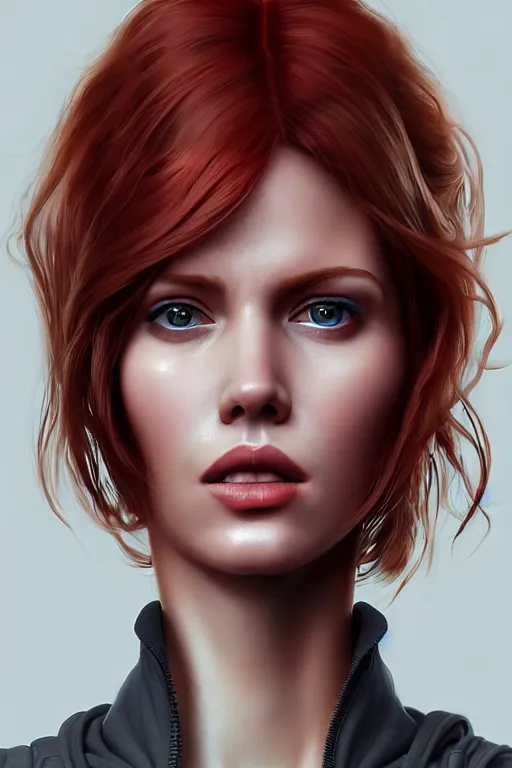 Prompt: epic professional digital portrait art of attractive thin redhead woman wearing airforce jumpsuit, 3 0 mm lens, facing front, by neal adams, artstation, cgsociety, wlop, epic, much wow, much detail, gorgeous, detailed, cinematic, masterpiece