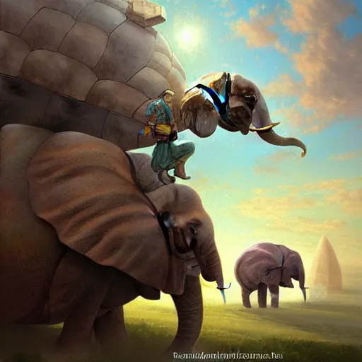 Image similar to a flat world on the back of four elephants, who are standing on the back of a giant turtle floating through space by Marc Simonetti