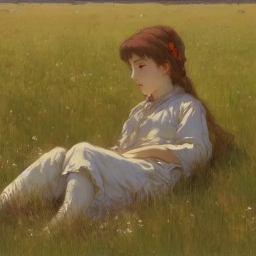 Prompt: a girl sitting in a meadow, art by walter langley, anime wallpaper, pixiv, walter langley style