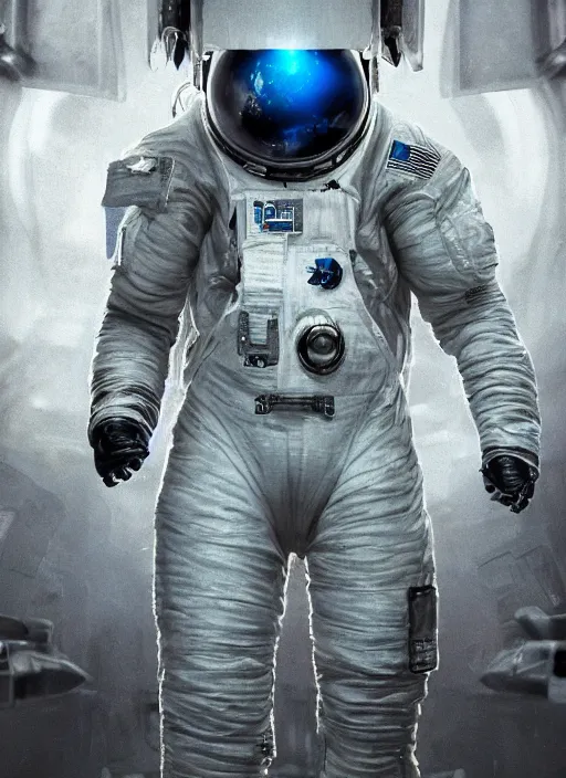 Prompt: complex poster by craig mullins astronaut is under tremendous strain in futuristic dark and empty spaceship. infrared glowing lights. complex and hyperdetailed technical suit. reflection and dispersion materials. rays and dispersion of light. volumetric light. 5 0 mm, f / 3 2. noise film photo. flash photography. unreal engine 4, octane render. interstellar movie art