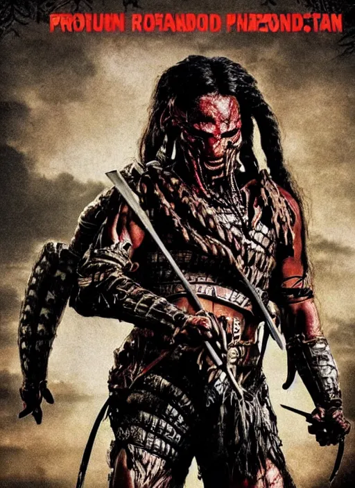 Image similar to movie poster for predator film shot in feudal japan staring hiroyuki sanada as a disgraced ronin who hunts down the predator after he fails to protect his master from it. in the style of al kallis, reynold brown, h. r. geiger.