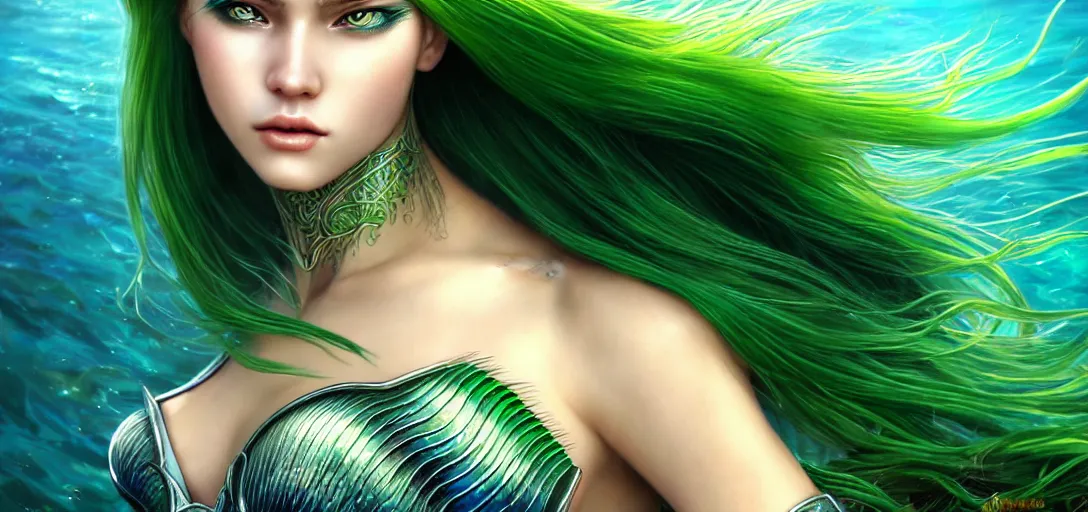 Image similar to extreme close up portrait photo of a gorgeous female mermaid with long green hair wearing metal armor in the style of stefan kostic, realistic, half body shot, sharp focus, 8 k high definition, insanely detailed, intricate, elegant, art by stanley lau and artgerm, extreme blur coral reef background