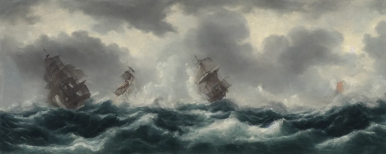 Prompt: a galleon in a stormy sea, lightning and craggy rocks, oil painting