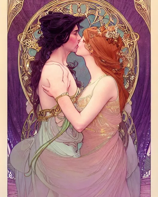 Image similar to the kiss | highly detailed | very intricate | art nouveau | gold filigree | romantic storybook fantasy | soft cinematic lighting | award - winning | disney concept art watercolor illustration by mandy jurgens and alphonse mucha and alena aenami | pastel color palette | featured on artstation