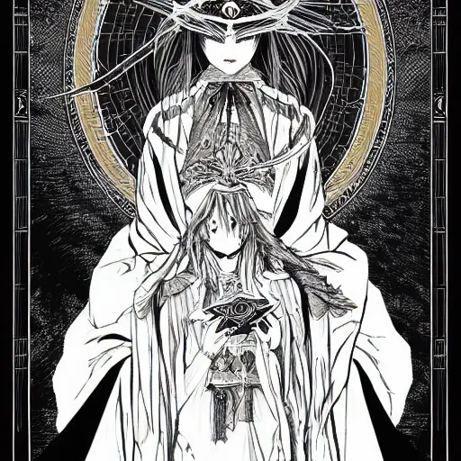 Image similar to precisely drawn illustration of anime cloaked high priestess of a goddess, old-fashioned tarot card, victorian playing card, sepia tone, wide angle, sharp, fine details, anime, manga, cyberpunk, intense line art, 8k, precise linework, realistic, shaded lighting by katsuhiro otomo ghost-in-the-shell, magali villeneuve, artgerm, rutkowski Jeremy Lipkin and Giuseppe Dangelico Pino and Michael Garmash and Rob Rey