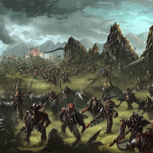 Image similar to wide landscape shot of warhammer orcs fighting pirate vampires, trending on artstartion