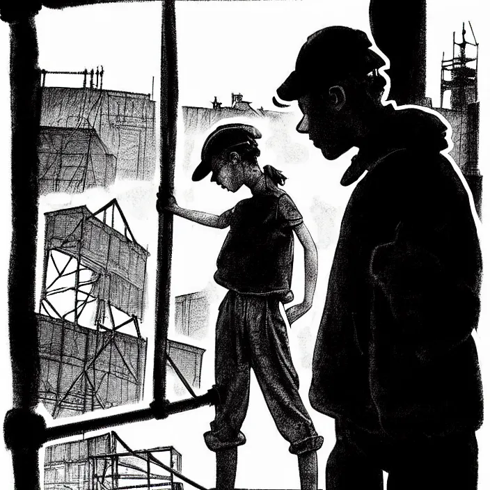 Image similar to sadie sink in dirty workmen clothes waves goodbye to workmen. background : factory, dirty, polluted. technique : black and white pencil and ink. by gabriel hardman, joe alves, chris bonura. cinematic atmosphere, detailed and intricate, perfect anatomy