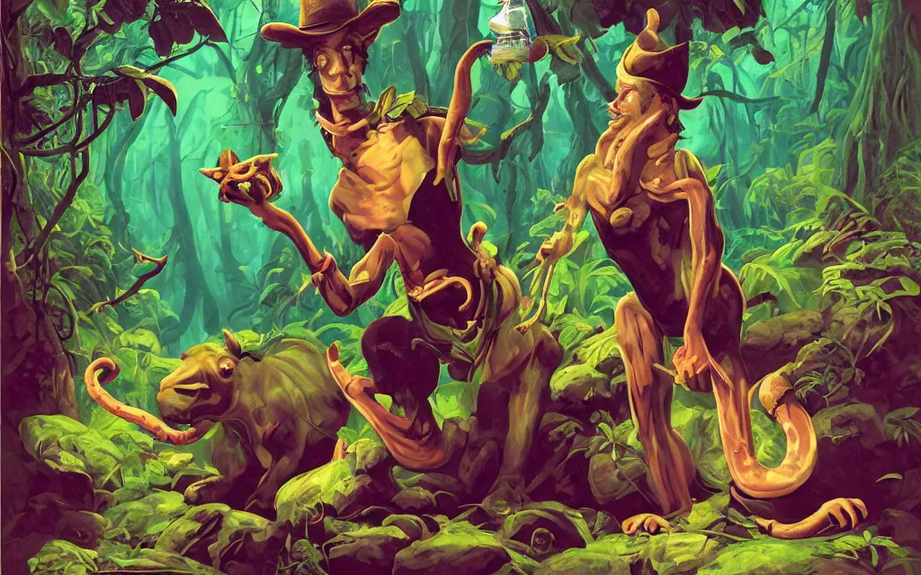 Prompt: Minotaur Genie with snakelike limbs wearing oversized cowboy hat trapped in a tonic stimulant purple green lava lamp bottle, the spirit of the bull run, Uncle Aloysius famous triple strength bull run serum formula brand SNAKE OIL in the locomotive rain forest jungle rivers of Formosa, 35mm film still, art by gil Elvgren and Ilya kuvshinov