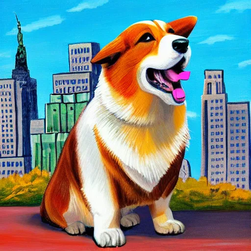 Image similar to giant welsh corgi dog standing over new york city skyline, painting