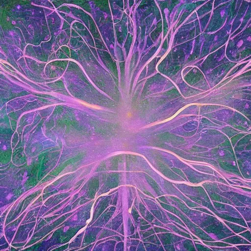 Prompt: a beautiful painting of a mycelium like neural networks under plowed land, magic cosmic vibes, trending on artstation