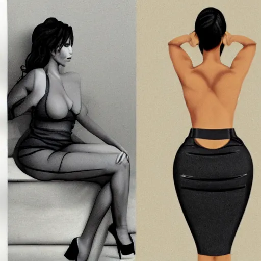 Image similar to a woman who is a genetic combination of kim kardashian and gal godot full body centerfold