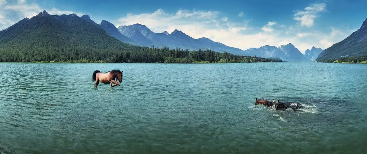 Prompt: horse swiming through large lake!!, mountains in the background, huge view panoramic, beautiful landscape