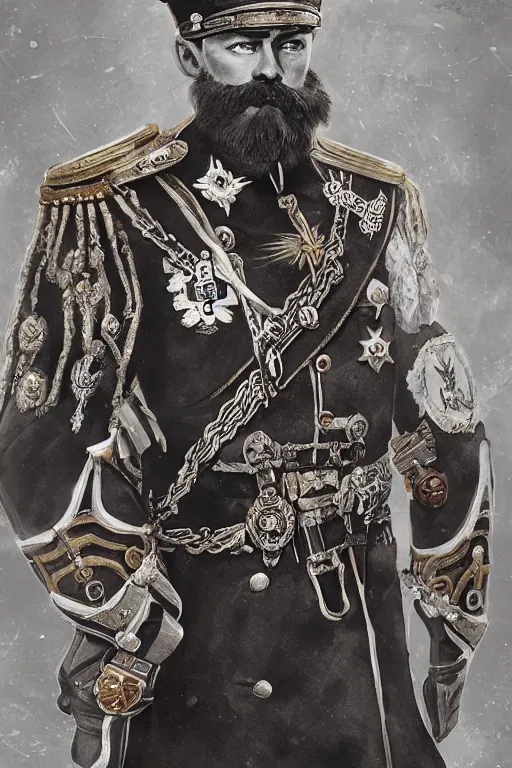 Image similar to Nicholas II of Russia, great emperor of Russian Empire, warhammer 40k , concept art, ornate, digital art, illustration, artstation, full body, muscular, brutal, virile, masculine, military, warhammer chaos, fashwave