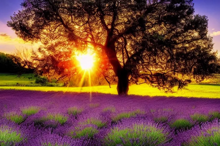 Image similar to beautiful scenery of a field of lavenders, one large tree, sunset, dramatic lighting