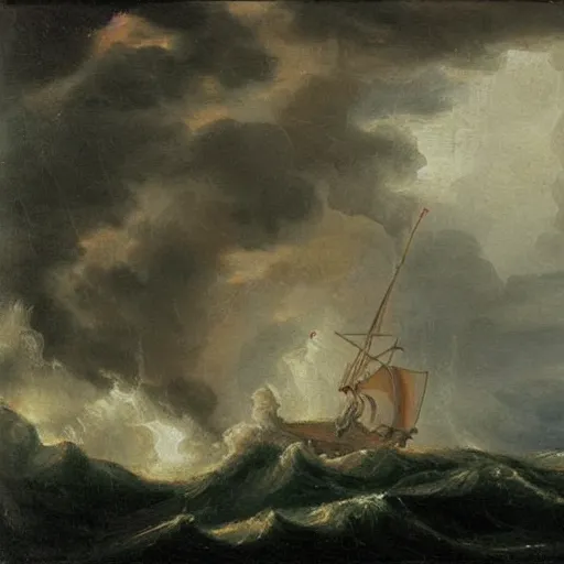 Image similar to dutch master style oil painting of a stormy night at sea, high art
