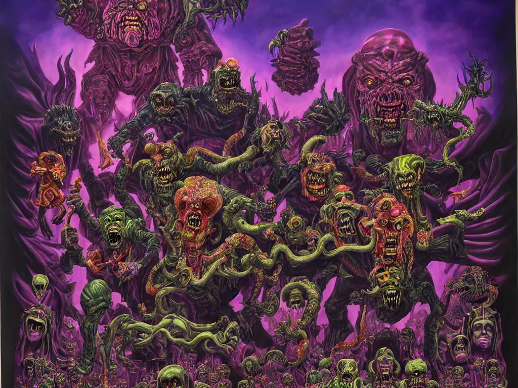 Prompt: a hyperrealistic painting of an epic boss fight against an ornate supreme dark psychic overlord, cinematic horror by chris cunningham, lisa frank, richard corben, highly detailed, vivid color,