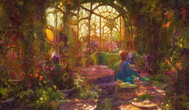 Image similar to dreamlike solarpunk garden fantasycore, glossy painting, Art Nouveau Cosmic 4k Detailed Matte Illustration featured on Getty Images ,CGSociety, Jade and Carrot orange color scheme, Pastiche by Marc Simonetti, Pastiche by Cedric Peyravernay