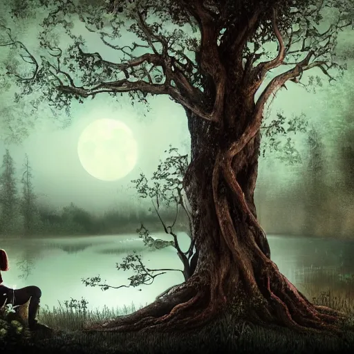 Image similar to a girl sits on the roots of an ancient tree looking at a pond surrounded by a dark towering forest at midnight, the moon can be glimpsed through the trees, everything is veiled by fog, dark fantasy, night time, realistic painting