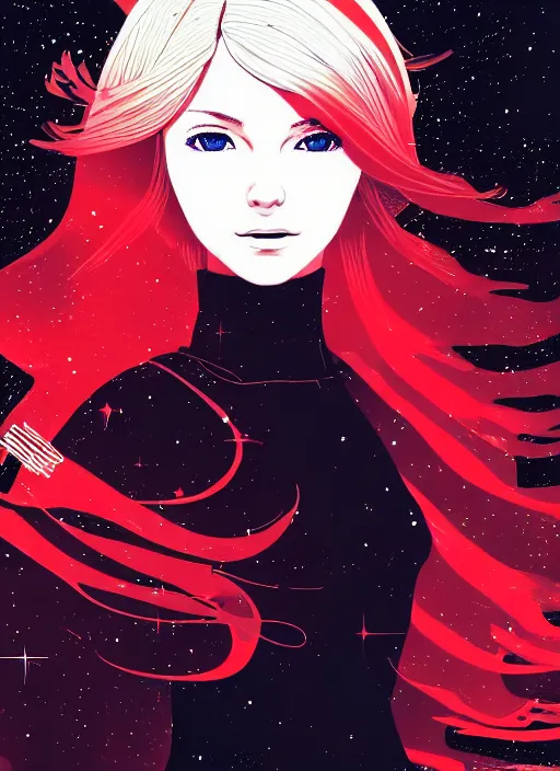 Prompt: highly detailed portrait of a hopeful pretty astronaut lady with a wavy blonde hair, by Klaus Janson , 4k resolution, nier:automata inspired, bravely default inspired, vibrant but dreary but upflifting red, black and white color scheme!!! ((Space nebula background))