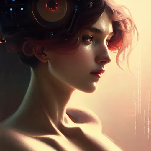 Image similar to portrait of beautiful girl with robot body by artgerm and greg rutkowski and alphonse mucha, close up, portrait, cinematic, elegant, artstation, intricate, highly detailed, digital painting, artstation, concept art, sharp focus, illustration, cyberpunk, cgsociety, 8 k