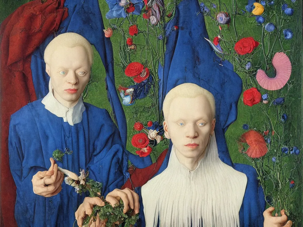 Image similar to Portrait of albino mystic painter with blue eyes, with beautiful exotic melancholy wilted flower. Painting by Jan van Eyck, Audubon, Rene Magritte, Agnes Pelton, Max Ernst, Walton Ford