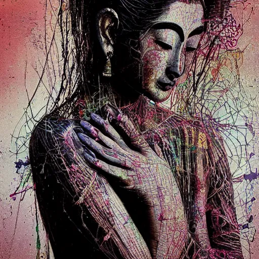 Image similar to contented female bodhisattva, praying meditating, realism, elegant, intricate, close up, portrait photograph by Carne Griffiths and David Cronenberg