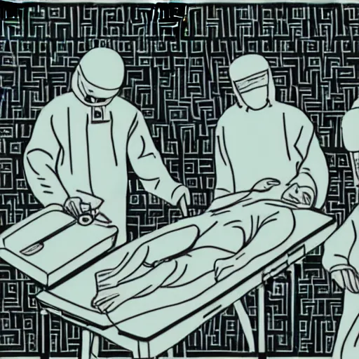 Prompt: chinese surgeons operating on a body on an operating table, in the style of daniel johnston and outsider art, 8k, line brush, minimal, overlaid with chinese adverts, photorealistic