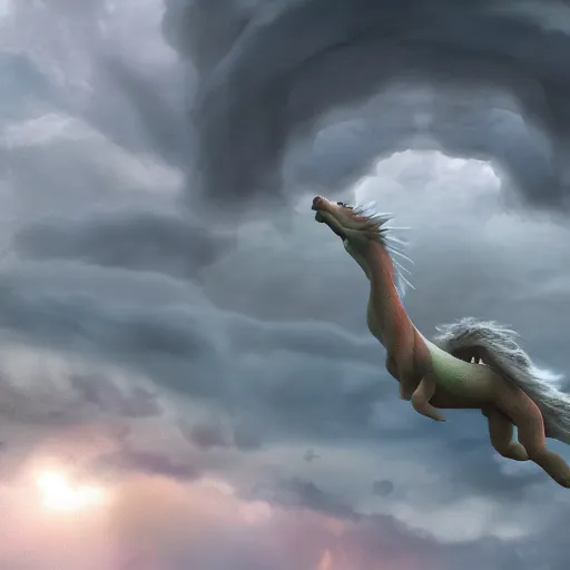 Prompt: falcor the luck dragon in the neverending story flying bravely through the nothing epic storm. digital art, volumetric lighting