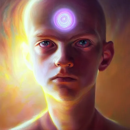 Prompt: visionary art by mandy jurgens, powerful eyes glowing highly detailed painting of deep sadness alone, young blonde boy spiritual portrait, fractal electricity surrounding him, expressive emotional sadness piece, trending on art station, abstract emotional sadness expression, very very very beautiful, fantasy digital art, visionary art, magical fantasy 2 d concept art