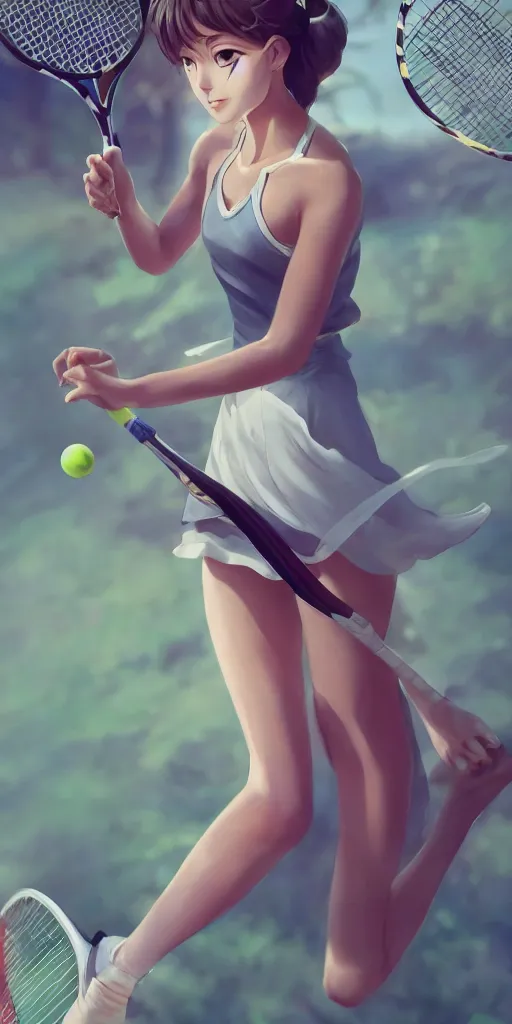 Image similar to a beautiful young elegant girl playing tennis, with a close-up of the upper body,Japanese anime style, gorgeous atmosphere, full of details, matte painting, concept art, smooth, by Shinkai Makoto and Ina Wong and wlop ，trending on cgsociety and artstation，8kHDR，light effect