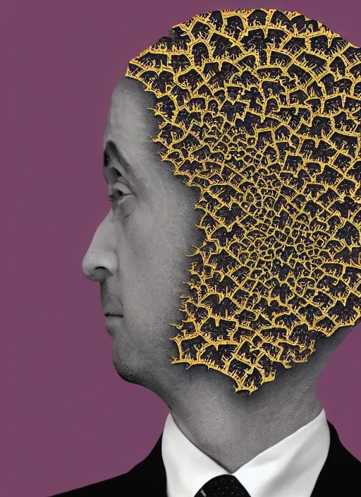 Prompt: matte painting of man in suit with black mandelbrot fractal as head