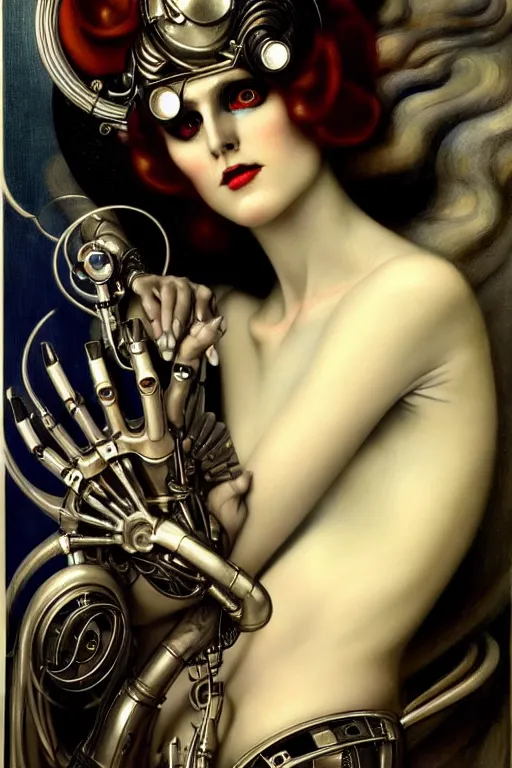 Image similar to beautiful evil cybernetic goddess by steichen in the style of a modern tom bagshaw, alphonse muca, victor horta, gaston bussiere. anatomically correct. extremely lush detail. masterpiece. melancholic scene infected by night. perfect composition and lighting. sharp focus. high contrast lush surrealistic photorealism. sultry expression.