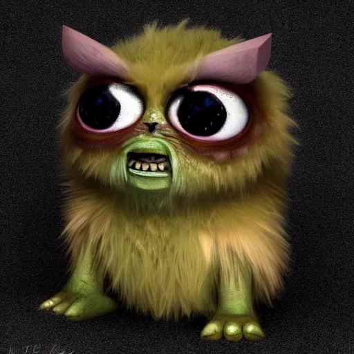 Prompt: small fluffy sad cute monster with big eyes, lsd - color, 3 d, photorealistic, ultra - details, trending on artstation
