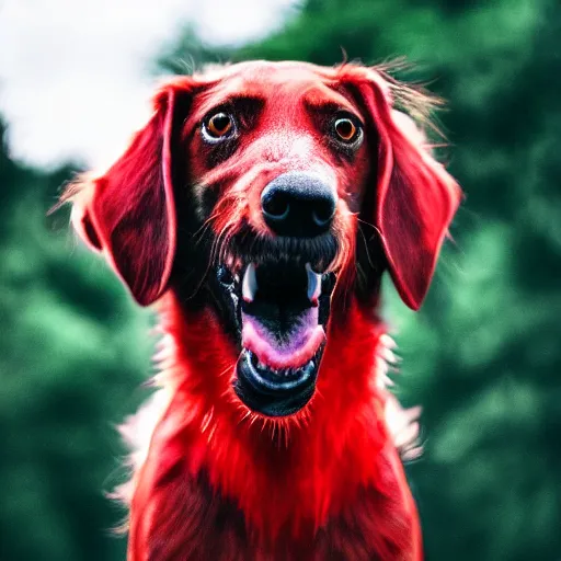 Image similar to ultra detailed photo of a demonic dog with red fur